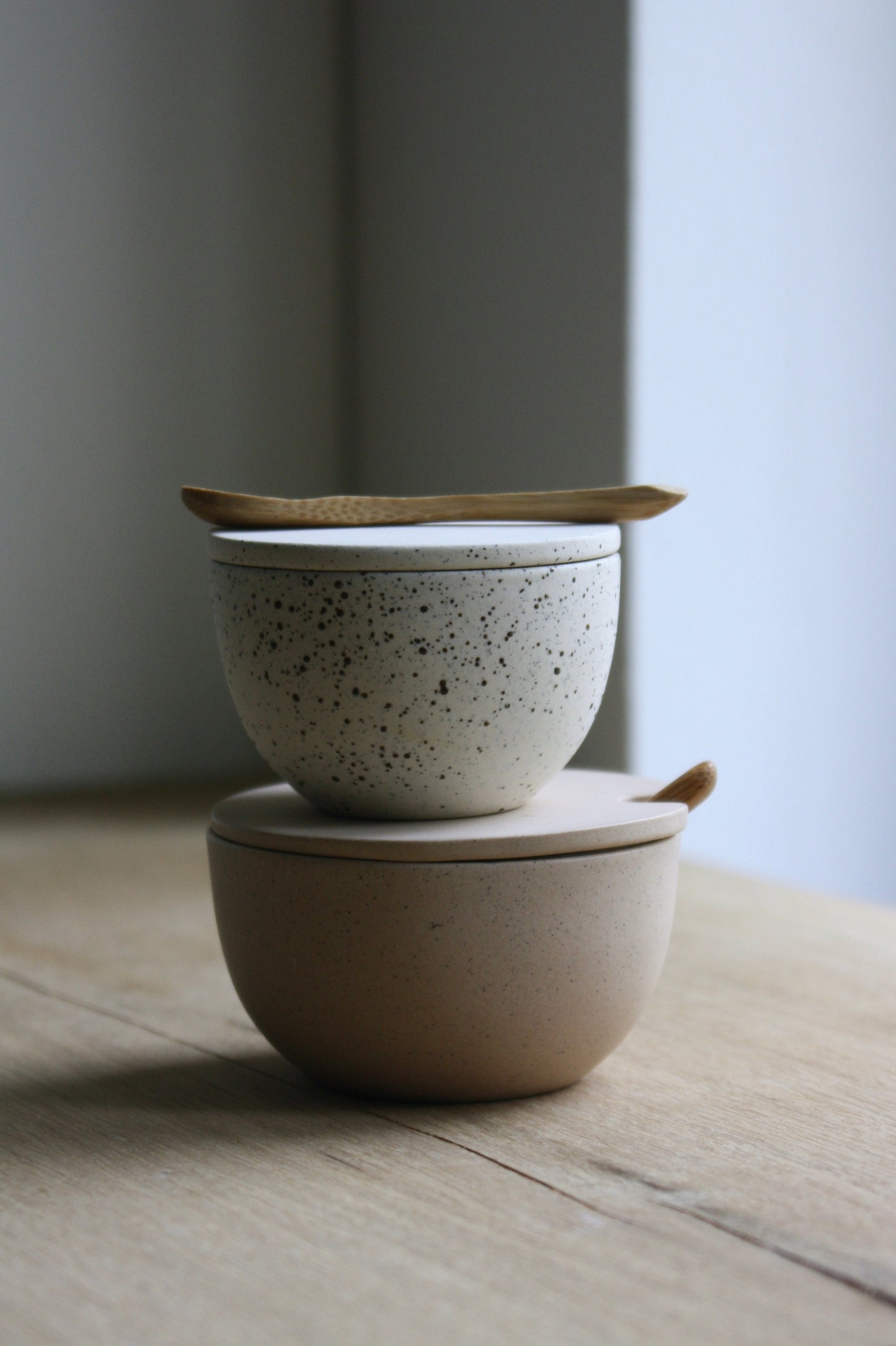 Lidded Bowl, w/Spoon, Dots w/ crystal glaze