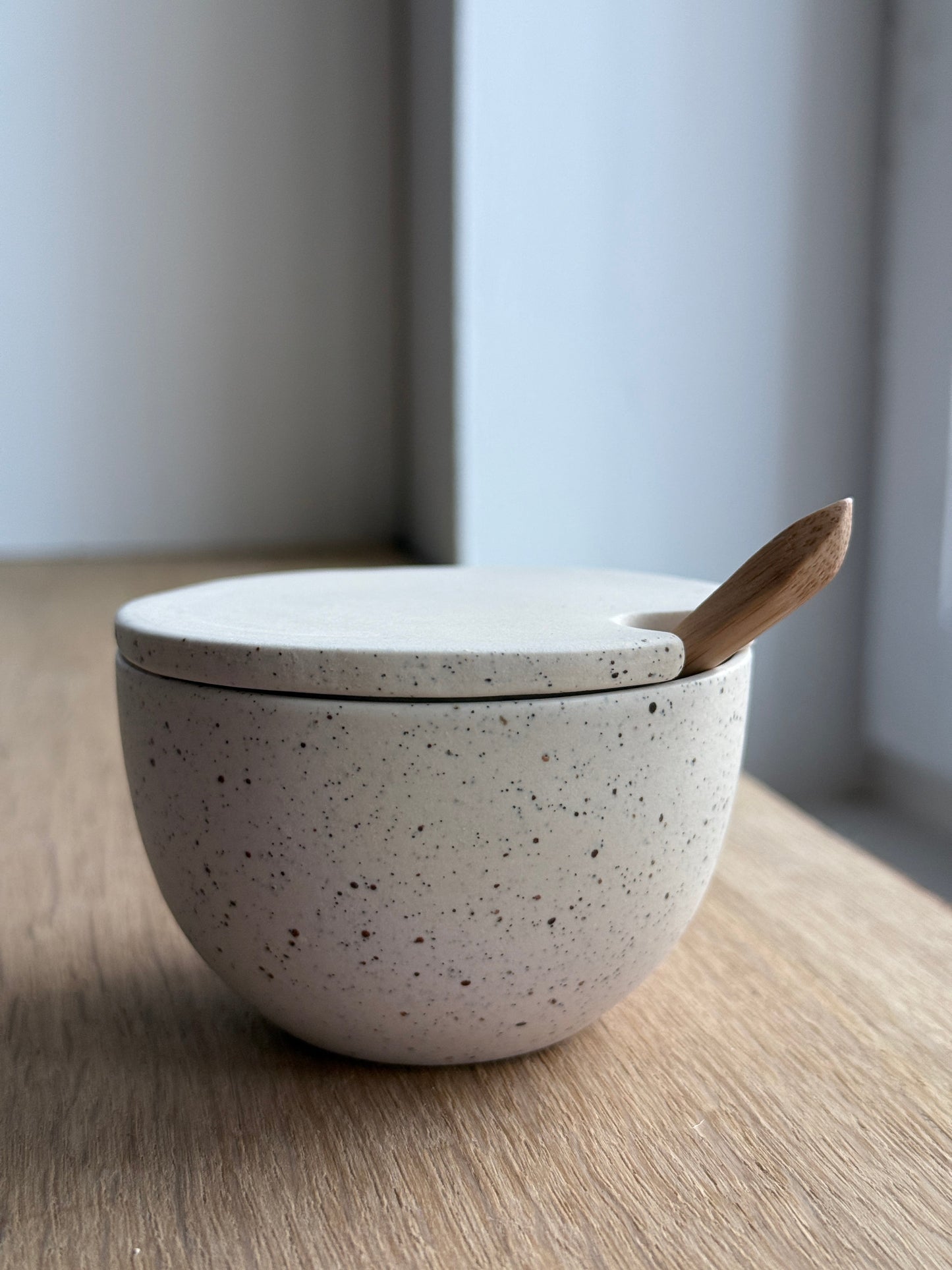 Salt Bowl, w/lid & Spoon, Dots w/ crystal glaze